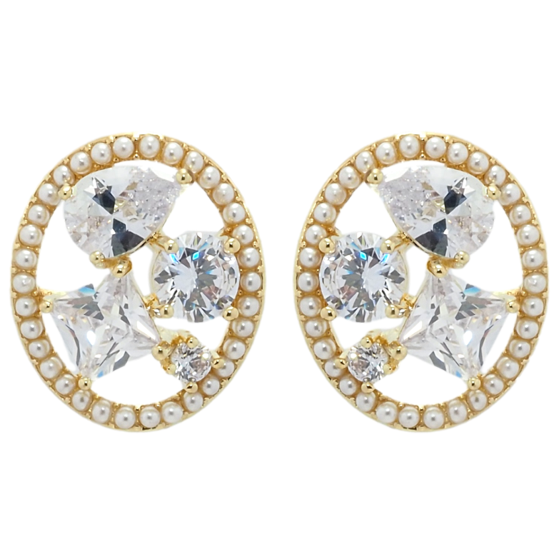 Серьги Xuping QQMM Позолота 14K пусеты Россыпь фианитов в жемчужном колечке фото №1