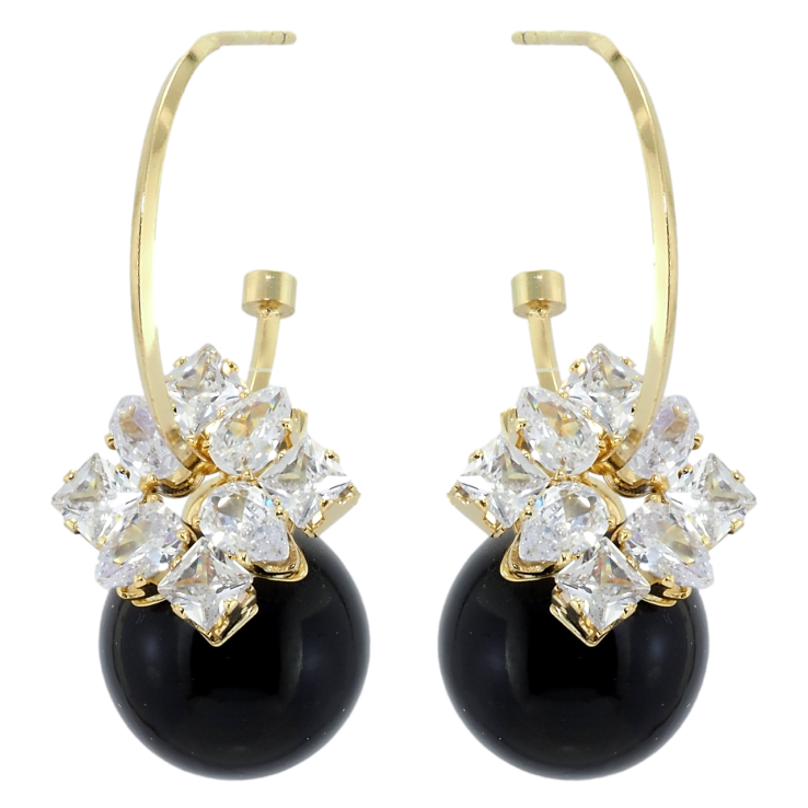 Серьги Xuping QQMM Позолота 14K пусеты Черные шарики с фианитами на полукольцах фото №16