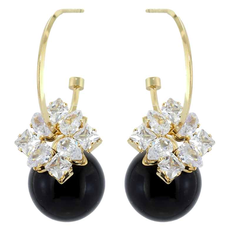 Сережки Xuping QQMM Позолота 14K пусети Чорні кульки з фіанітами на півкільцях фото №2