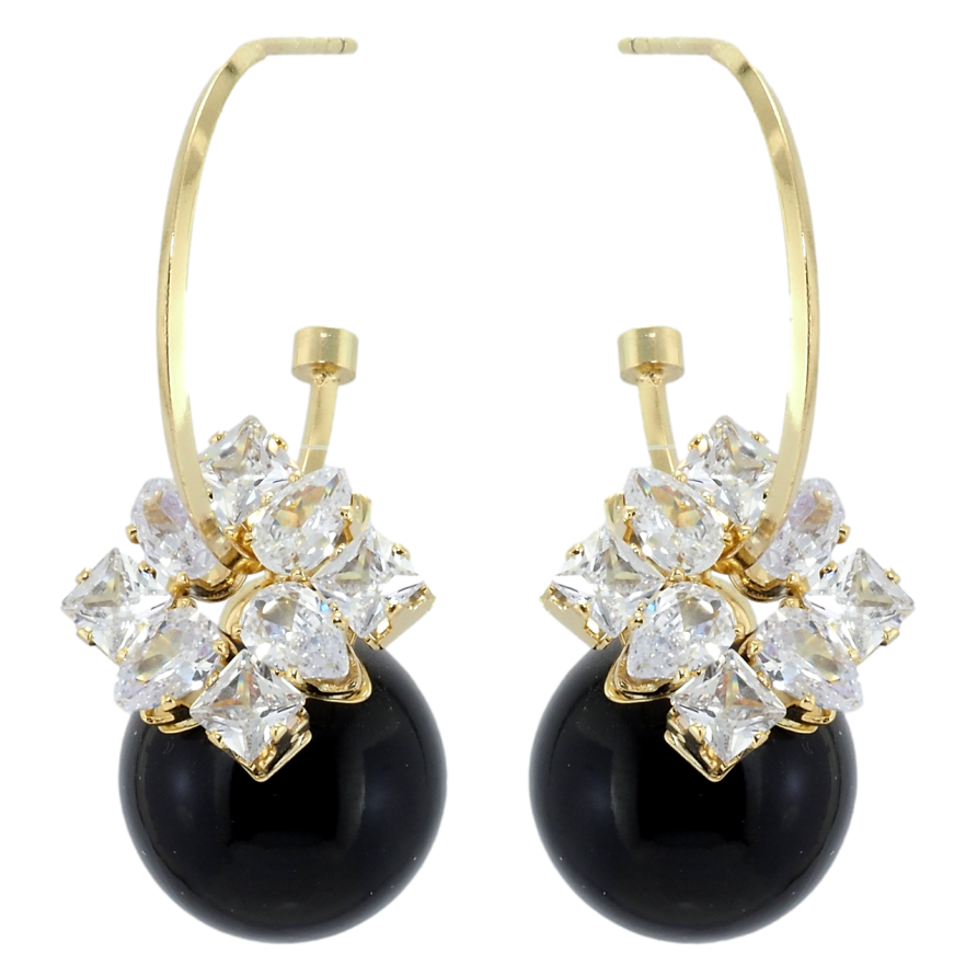 Серьги Xuping QQMM Позолота 14K пусеты Черные шарики с фианитами на полукольцах фото №1