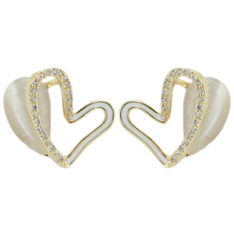 Серьги Xuping QQMM Позолота 14K пусеты Сердечки с камнями кошачий глаз фото №1