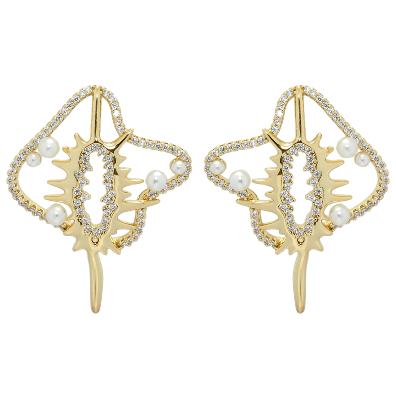 Сережки Xuping QQMM Позолота 14K пусети Фантазійний орнамент із цирконієм та перлинами фото №1