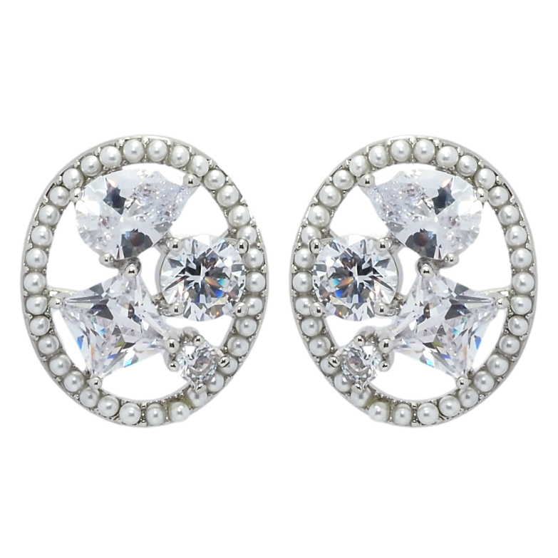 Серьги Xuping QQMM Родий пусеты Россыпь фианитов в жемчужных колечках фото №1