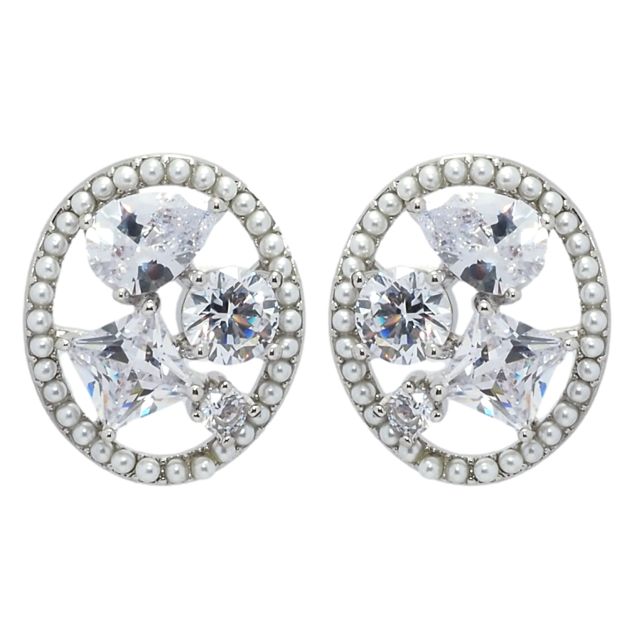 Серьги Xuping QQMM Родий пусеты Россыпь фианитов в жемчужных колечках фото №1