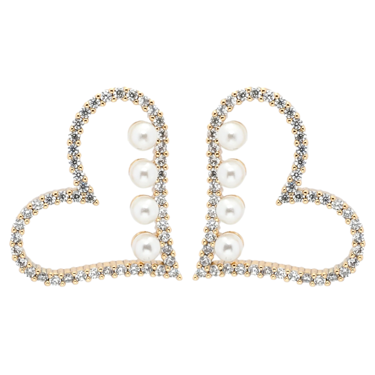 Серьги Xuping Позолота 18K пусеты Сердечки с цирконием и жемчужинками фото №3