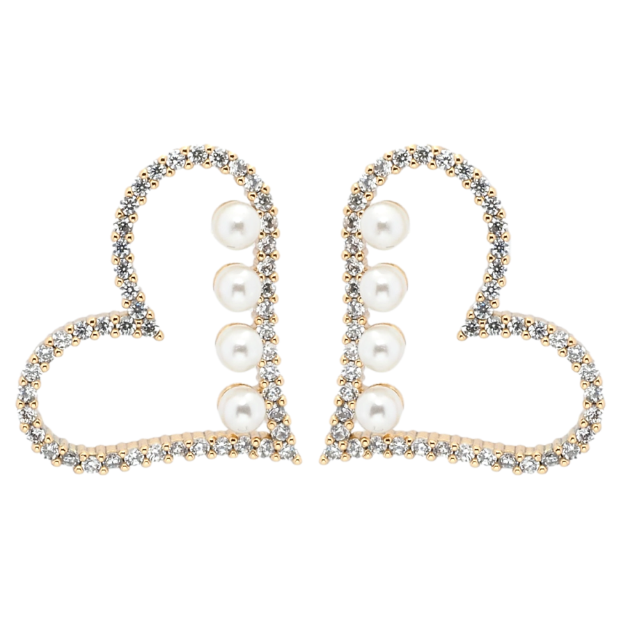Серьги Xuping Позолота 18K пусеты Сердечки с цирконием и жемчужинками фото №1
