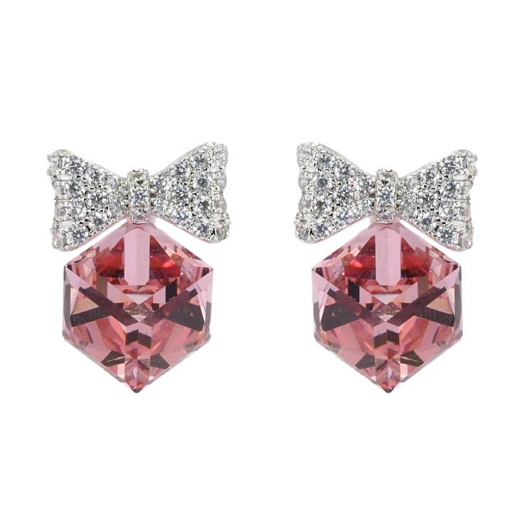 Сережки Xuping колір Родій з кристалами Swarovski пусети Кристальні кубики Rose з бантами фото №5