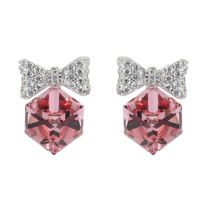 Серьги Xuping цвет Родий с кристаллами Swarovski пусеты Кристальные кубики Rose с бантами фото №1