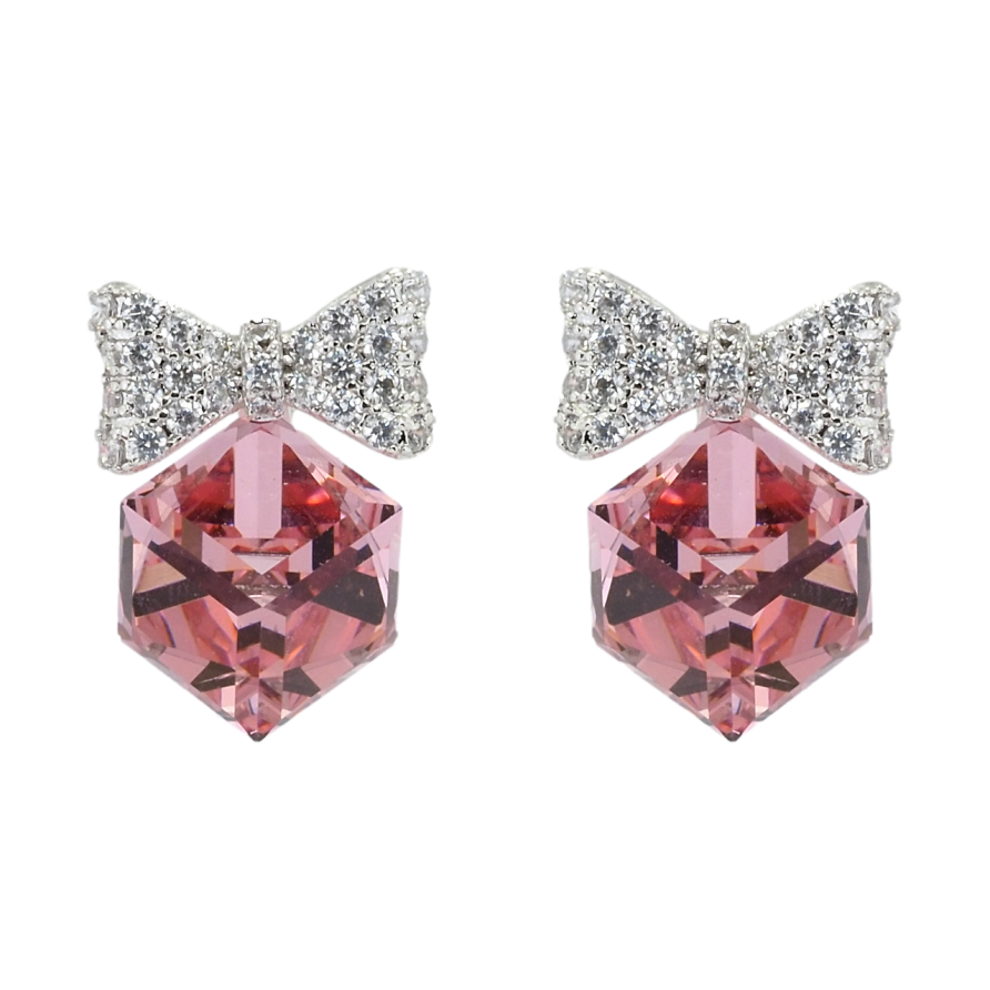 Сережки Xuping колір Родій з кристалами Swarovski пусети Кристальні кубики Rose з бантами фото №1