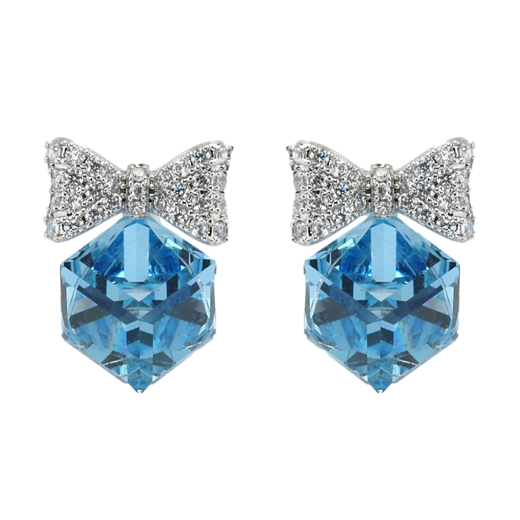 Сережки Xuping колір Родій з кристалами Swarovski пусети Кристальні кубики Aquamarine з бантами фото №6