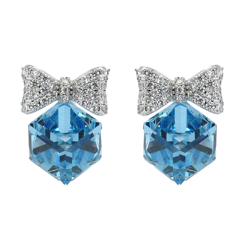 Серьги Xuping цвет Родий с кристаллами Swarovski пусеты Кристальные кубики Aquamarine с бантами фото №1