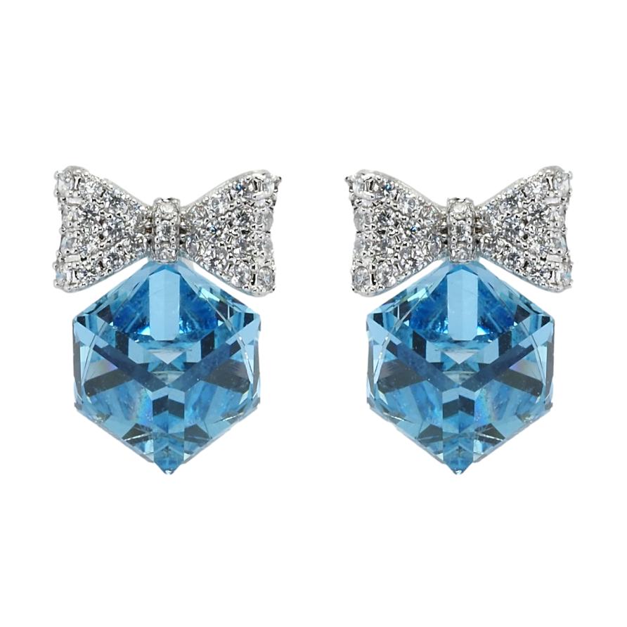Сережки Xuping колір Родій з кристалами Swarovski пусети Кристальні кубики Aquamarine з бантами фото №1