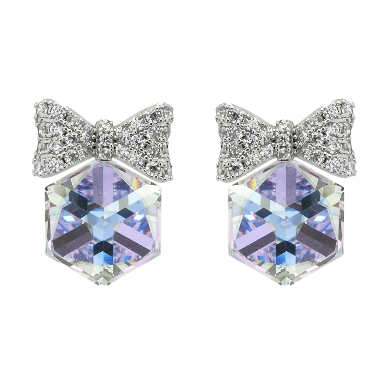 Сережки Xuping колір Родій з кристалами Swarovski пусети Кристальні кубики Smoky Mauve з бантами фото №1