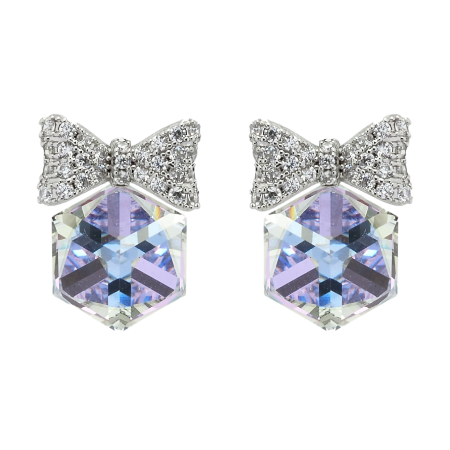 Сережки Xuping колір Родій з кристалами Swarovski пусети Кристальні кубики Smoky Mauve з бантами фото №1