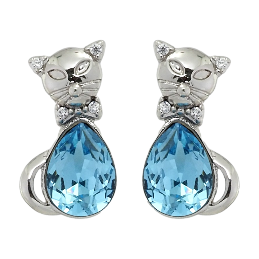 Сережки Xuping колір Родій з кристалами Swarovski пусети Кішки з кристалами Aquamarine фото №1