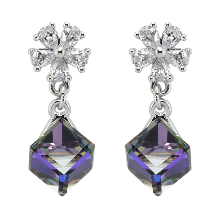 Сережки Xuping колір Родій з кристалами Swarovski пусети Квіточки з кубиками Bermuda Blue фото №20