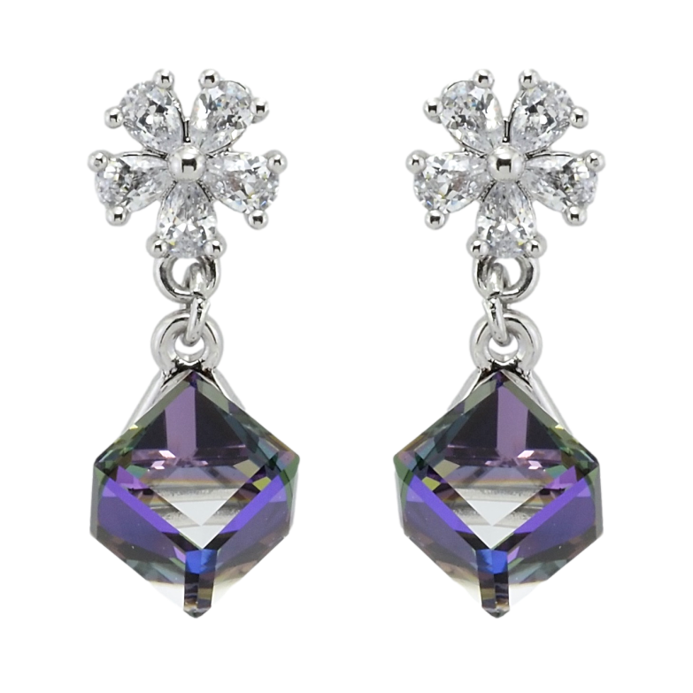 Серьги Xuping цвет Родий с кристаллами Swarovski пусеты Цветочки с кубиками Bermuda Blue фото №7