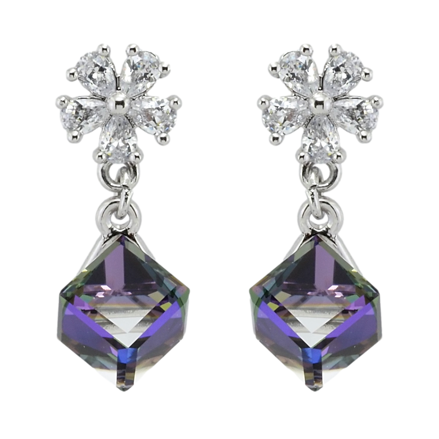 Сережки Xuping колір Родій з кристалами Swarovski пусети Квіточки з кубиками Bermuda Blue фото №1