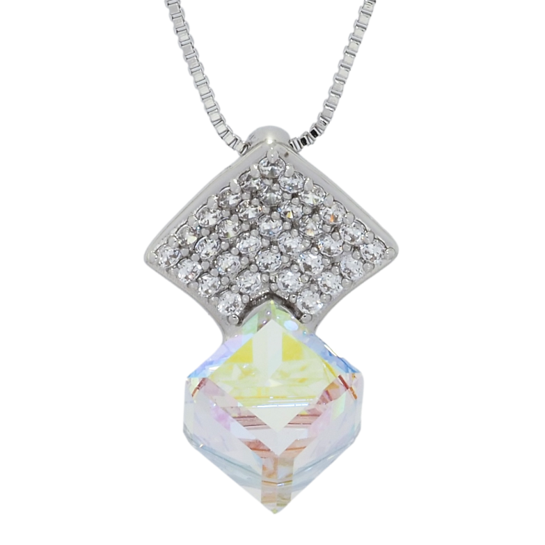 Кулон Xuping цвет Родий с кр-ми Swarovski на цепочке Ромб с кристальным кубом Shimmer длина 40-45см х 1мм фото №2