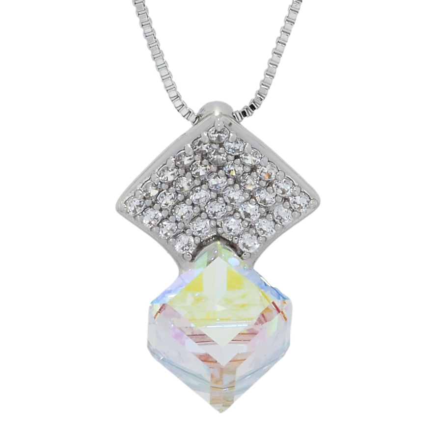Кулон Xuping колір Родій з кр-ми Swarovski на ланцюжку Ромб із кристальним кубом Shimmer довжина 40-45см х 1мм фото №1