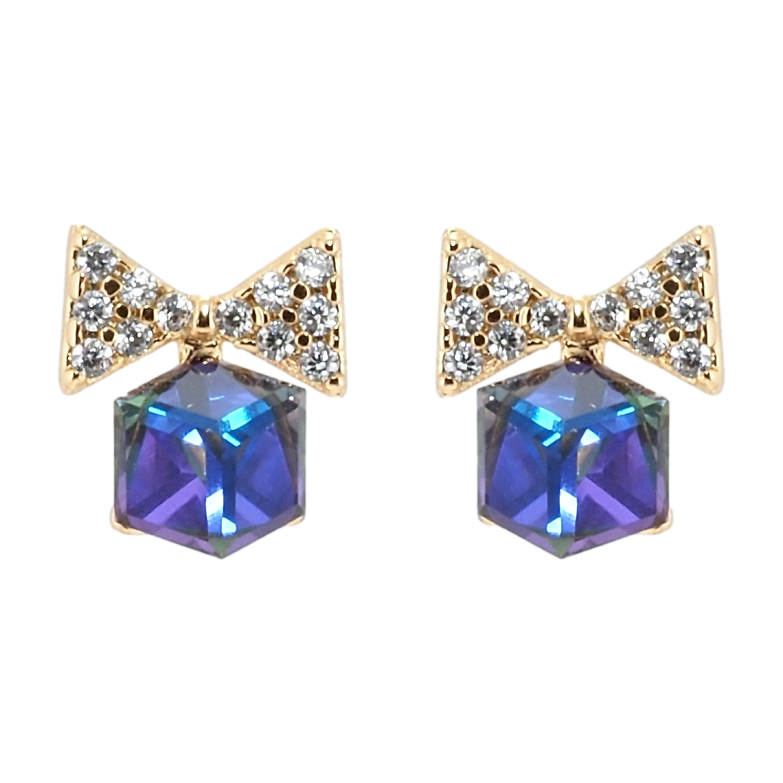 Серьги Xuping цвет 18K с кристаллами Swarovski пусеты Банты с кристальными кубиками Bermuda Blue фото №3
