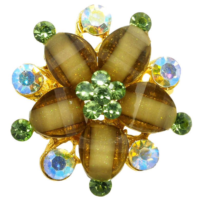 Брошка Квітка із зелено-оливковими стразами фото №1