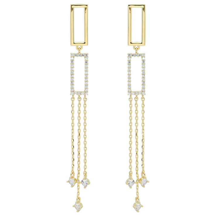 Серьги Xuping QQMM Позолота 14K пусеты Прямоугольники с фианитами на цепочках фото №5