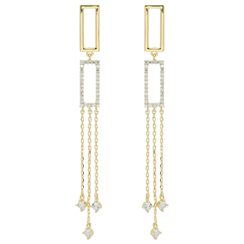 Серьги Xuping QQMM Позолота 14K пусеты Прямоугольники с фианитами на цепочках фото №1