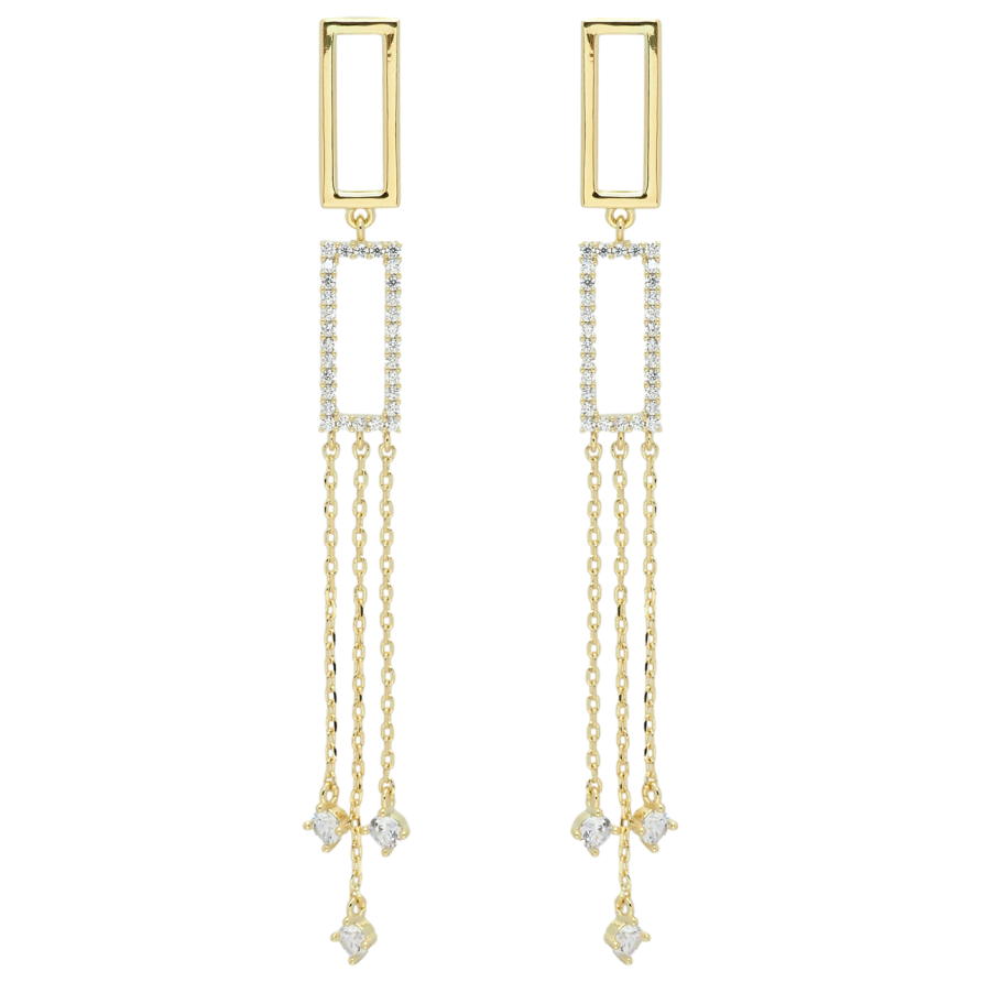 Серьги Xuping QQMM Позолота 14K пусеты Прямоугольники с фианитами на цепочках фото №1