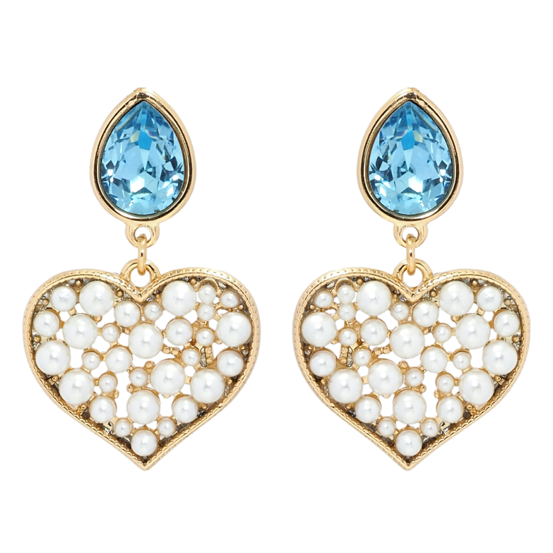 Серьги Xuping цвет 18K с кристаллами Swarovski пусеты Кристаллы Aquamarine с жемчужными сердечками фото №1