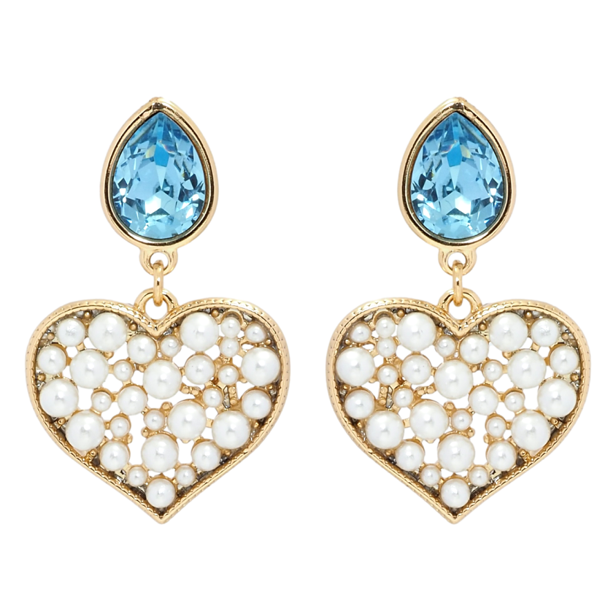 Серьги Xuping цвет 18K с кристаллами Swarovski пусеты Кристаллы Aquamarine с жемчужными сердечками фото №1