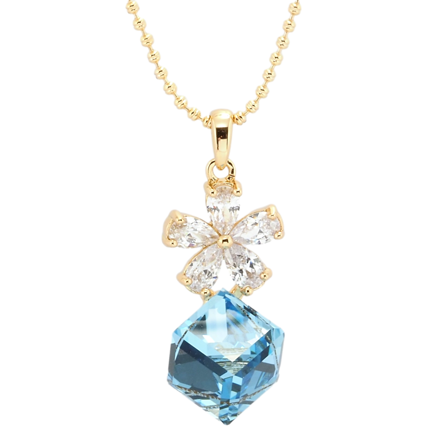 Кулон Xuping 18K з кр-ми Swarovski на ланцюжку Кристальна квітка з кубиком Aquamarine довжина 40-45см х 1мм фото №1