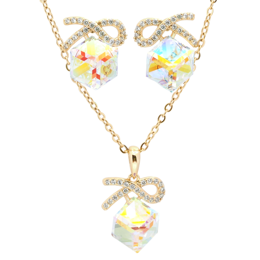 Набір Xuping колір 18K з кр-ми Swarovski Сережки Кулон на ланцюжку Кубики Shimmer довжина 40-45см х 2мм фото №1