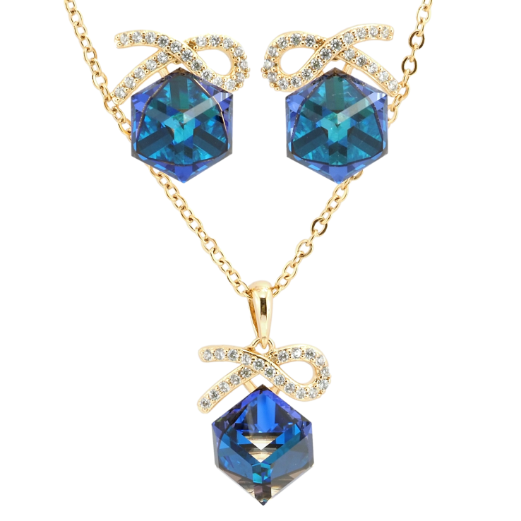 Набір Xuping колір 18K з кр-ми Swarovski Сережки Кулон на ланцюжку Кубики Metallic Blue довжина 40-45см х 2мм фото №4