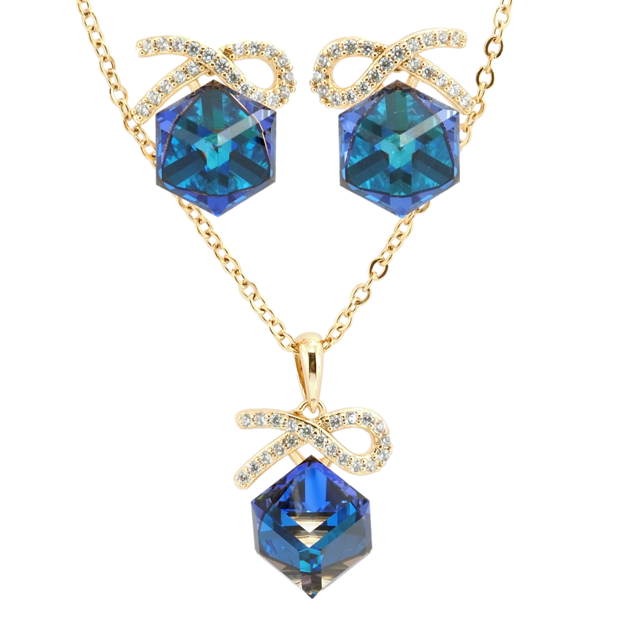 Набір Xuping колір 18K з кр-ми Swarovski Сережки Кулон на ланцюжку Кубики Metallic Blue довжина 40-45см х 2мм фото №1
