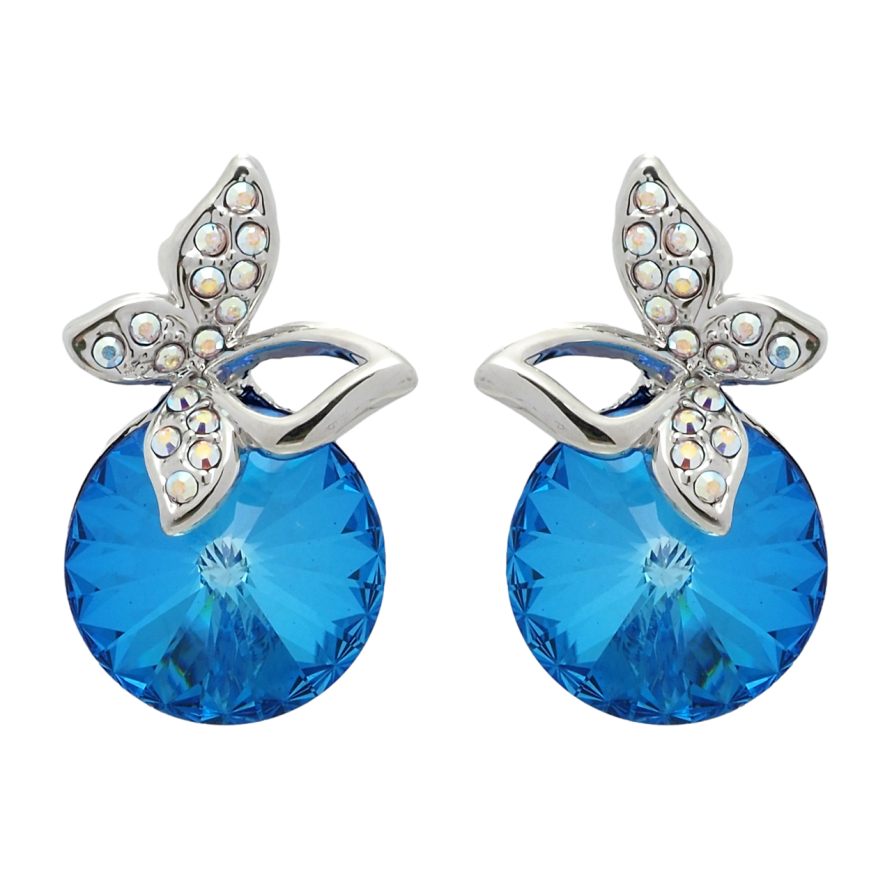 Сережки Xuping колір Родій з кристалами Swarovski пусети Кристал Capri Blue з метеликом фото №1