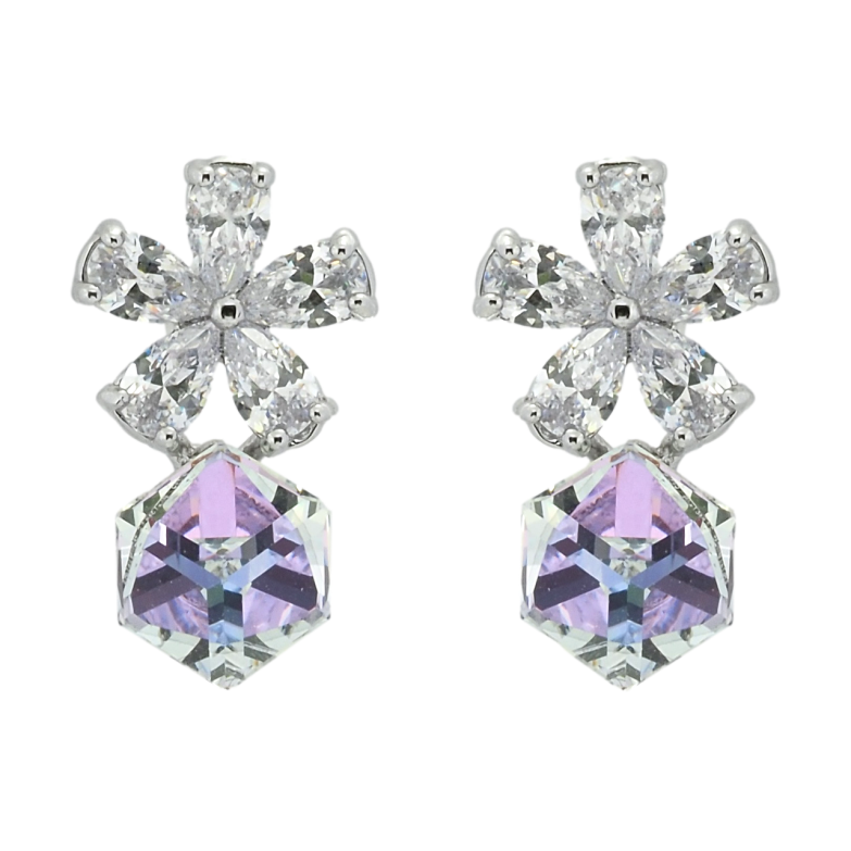 Сережки Xuping колір Родій з кристалами Swarovski пусети Кристальні квіточки з кубиком Smoky Mauve фото №16