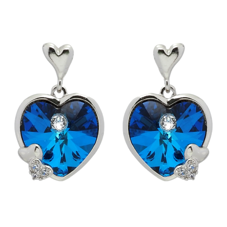 Серьги Xuping цвет Родий с кристаллами Swarovski пусеты Кристальные сердечки Capri Blue фото №1