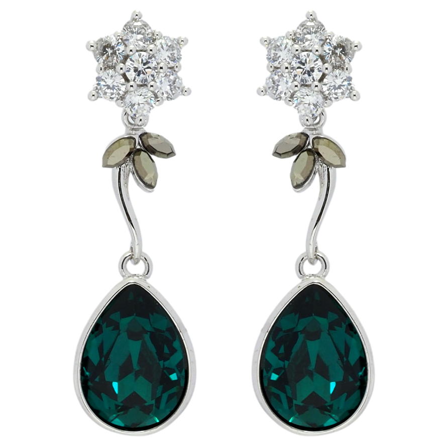 Сережки Xuping колір Родій з кристалами Swarovski пусети Кристальні квіточки з кристалом Emerald фото №1