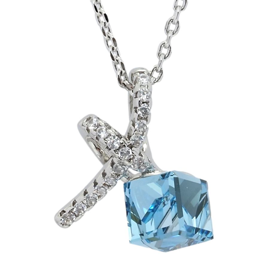 Кулон Xuping колір Родій з кр-ми Swarovski на ланцюжку Кристальний кубик Aquamarine з вузликом довжина 39-44см х 1мм фото №1