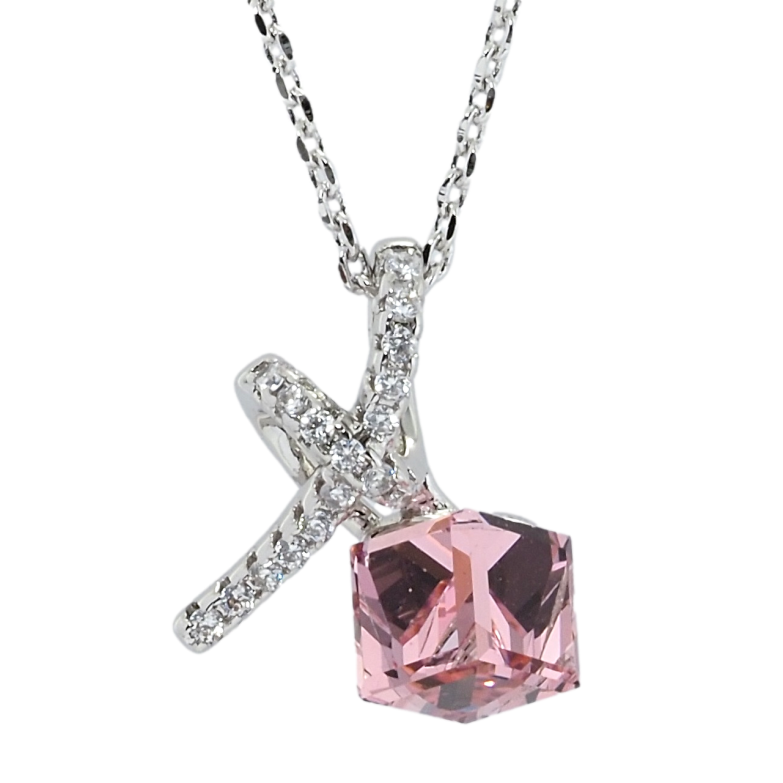 Кулон Xuping колір Родій з кр-ми Swarovski на ланцюжку Кристальний кубик Rose з вузликом довжина 39-44см х 1мм фото №2