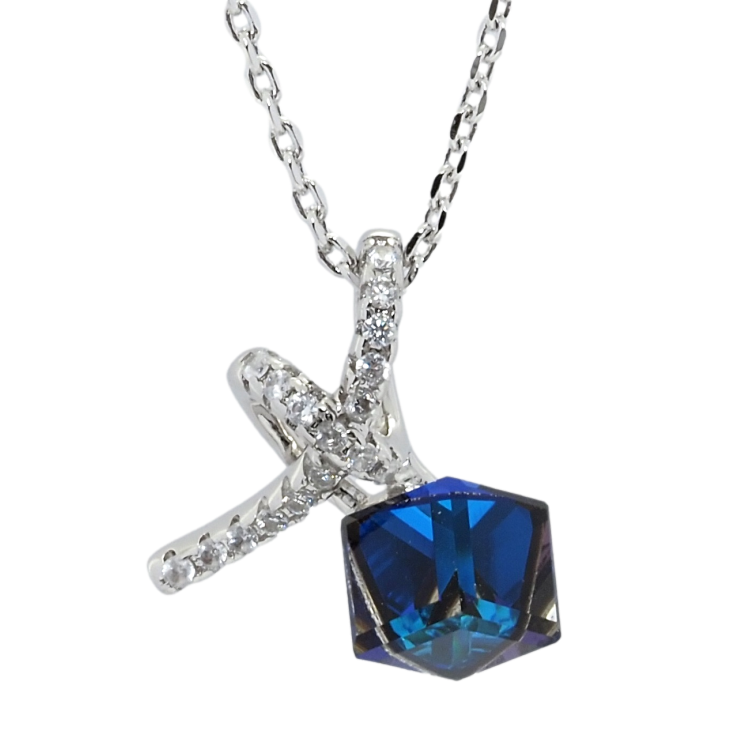 Кулон Xuping колір Родій з кр-ми Swarovski на ланцюжку Кристальний кубик Capri Blue з вузликом довжина 39-44см х 1мм фото №8