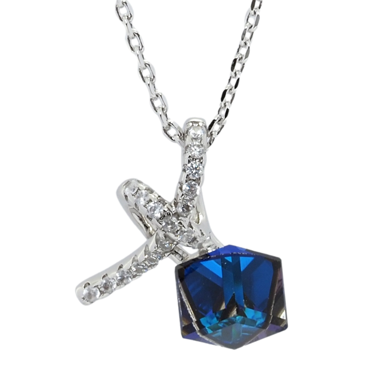 Кулон Xuping колір Родій з кр-ми Swarovski на ланцюжку Кристальний кубик Capri Blue з вузликом довжина 39-44см х 1мм фото №1