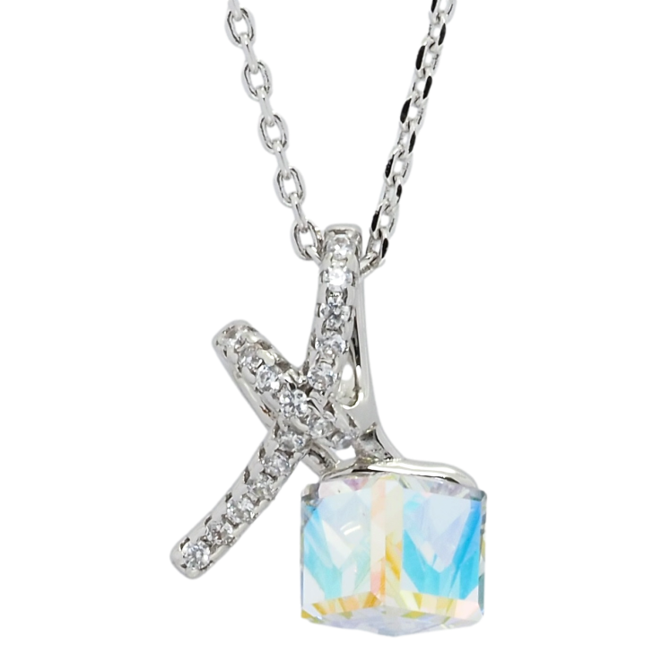 Кулон Xuping колір Родій з кр-ми Swarovski на ланцюжку Кристальний кубик Shimmer з вузликом довжина 39-44см х 1мм фото №3