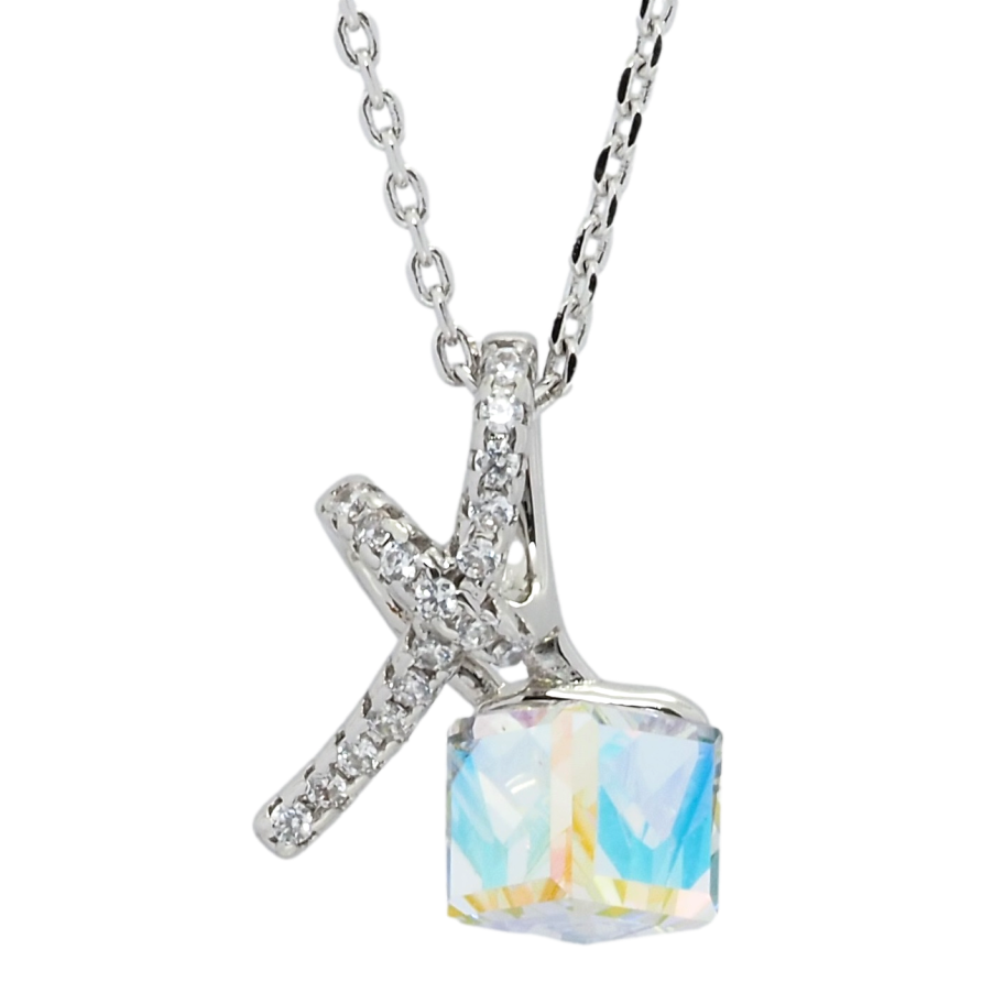 Кулон Xuping колір Родій з кр-ми Swarovski на ланцюжку Кристальний кубик Shimmer з вузликом довжина 39-44см х 1мм фото №1
