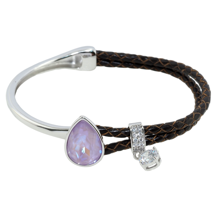 Браслет Xuping колір Родій із кристалами Swarovski Шкіряний коричневий шнур із кристалом Lavender Delite довжина 17см фото №19