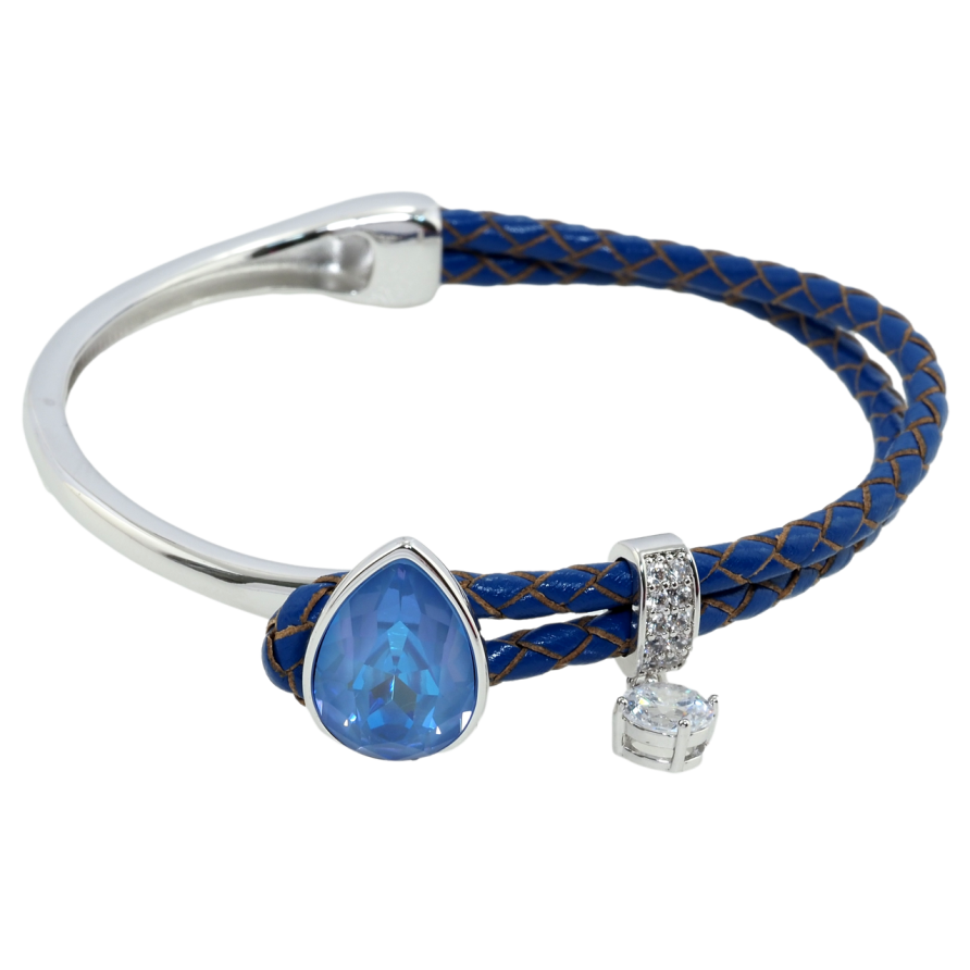 Браслет Xuping колір Родій із кристалами Swarovski Шкіряний синій шнур із кристалом Ocean Delite довжина 17см фото №1